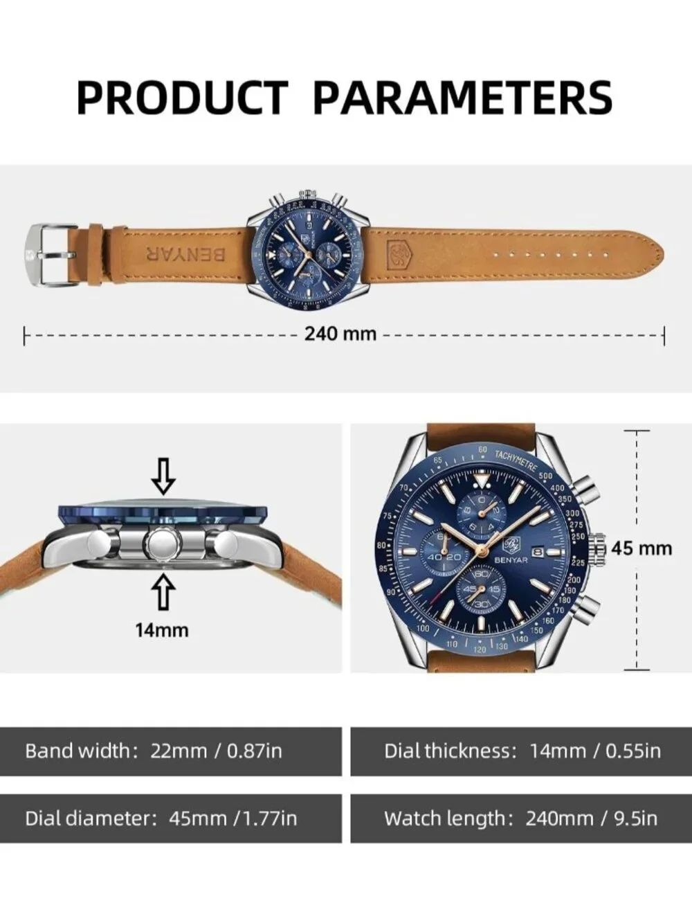 Mens Brown Blue Analog Silicone Strap Chronograph Luminous Designer Casual Watch